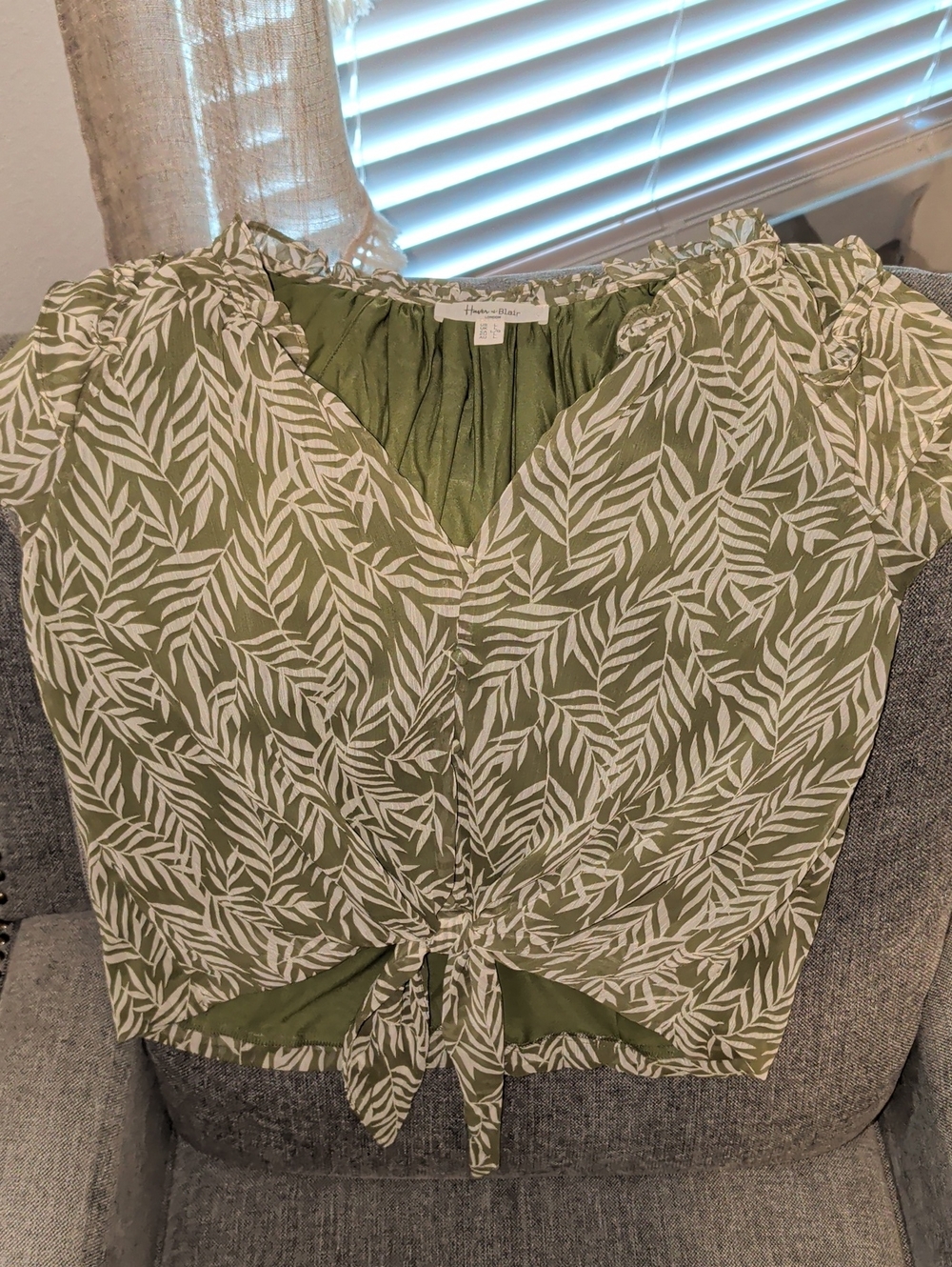 Leaf-Print Tie-Front Olive Crop Top
